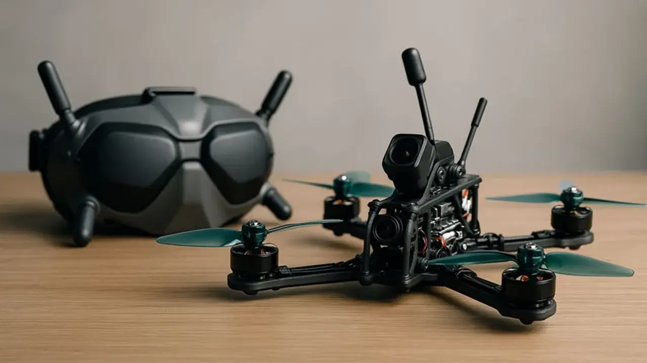 FPV-Drohne und Brille auf Holztisch. Der **Drohnen Controller** ist bereit für den Flug.