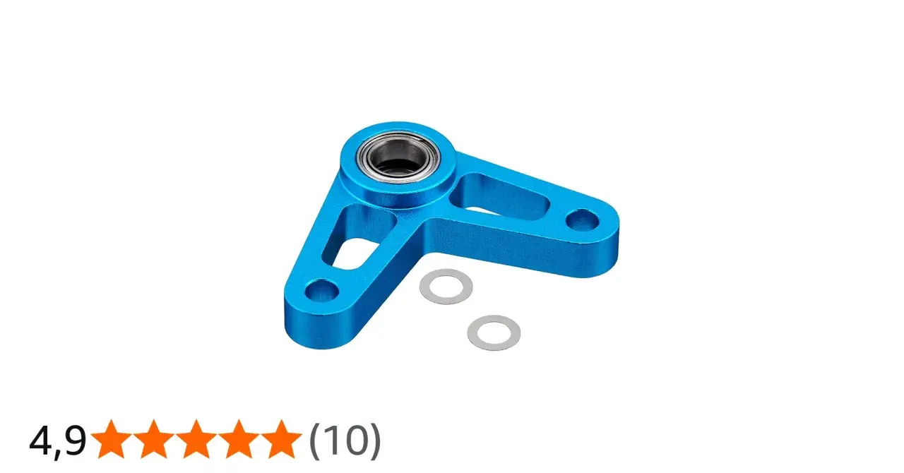 Blauer Aluminium-Bellcrank mit Kugellager und zwei Unterlegscheiben, bereit für den Einbau in ein RC-Modell.