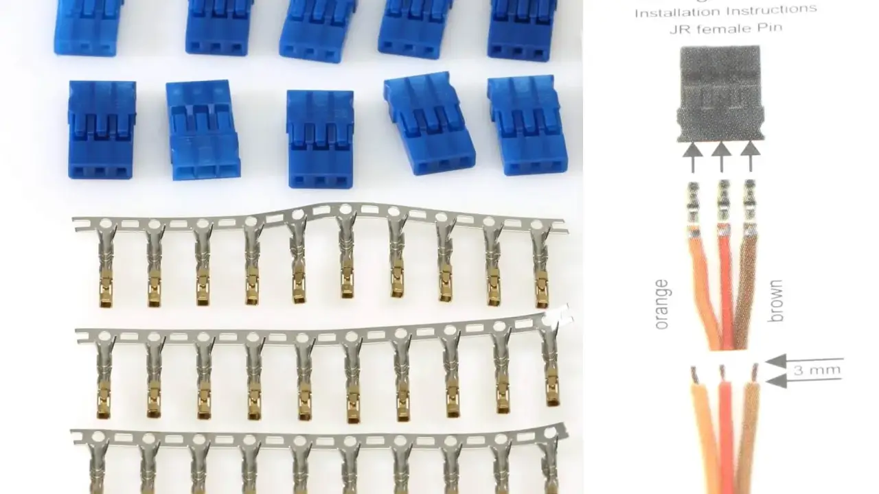 Blaue Stecker und Anschlussklemmen für Servokabel. Montageanleitung zeigt JR female Pin mit orangefarbenen und braunen Kabeln.