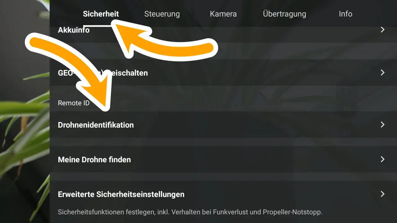 Sicherheitseinstellungen: Akkuinfo, GEO, Remote ID, Drohnenidentifikation. Hier wird die drohne id konfiguriert.