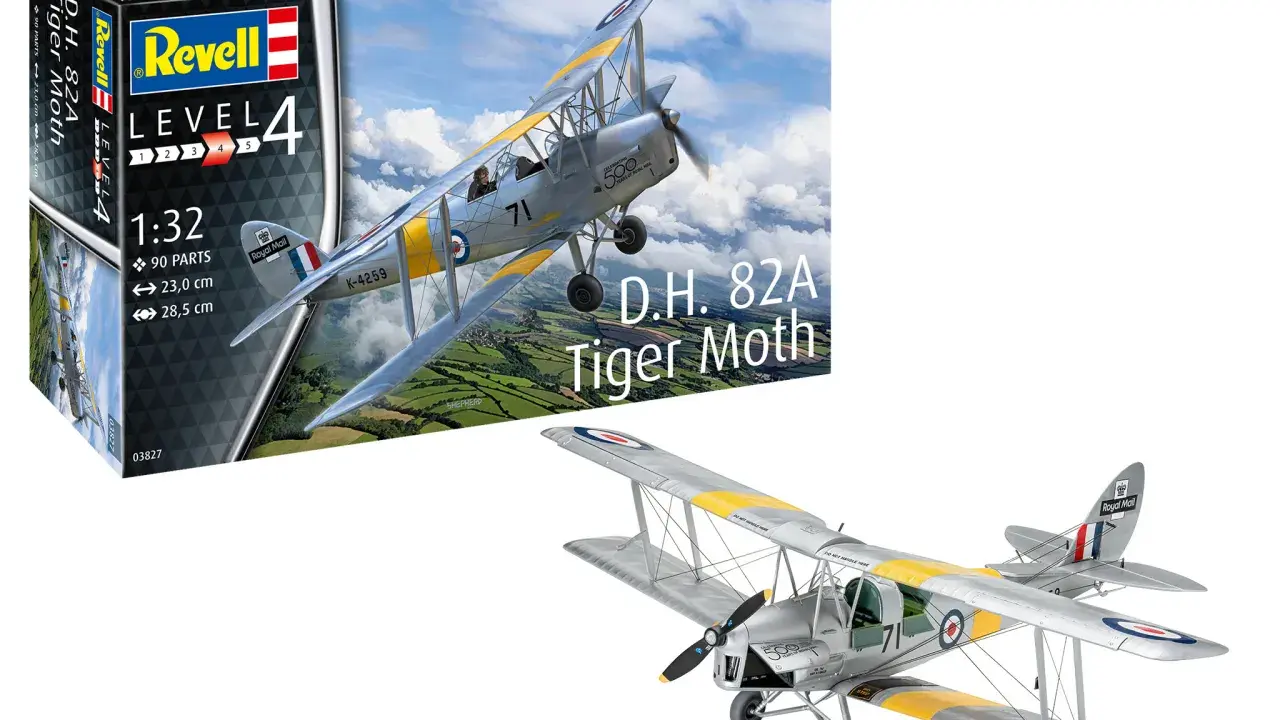 Revell Bausatz des D.H. 82A Tiger Moth Flugzeugs im Maßstab 1:32. Ein detailliertes Modell für Bastler.