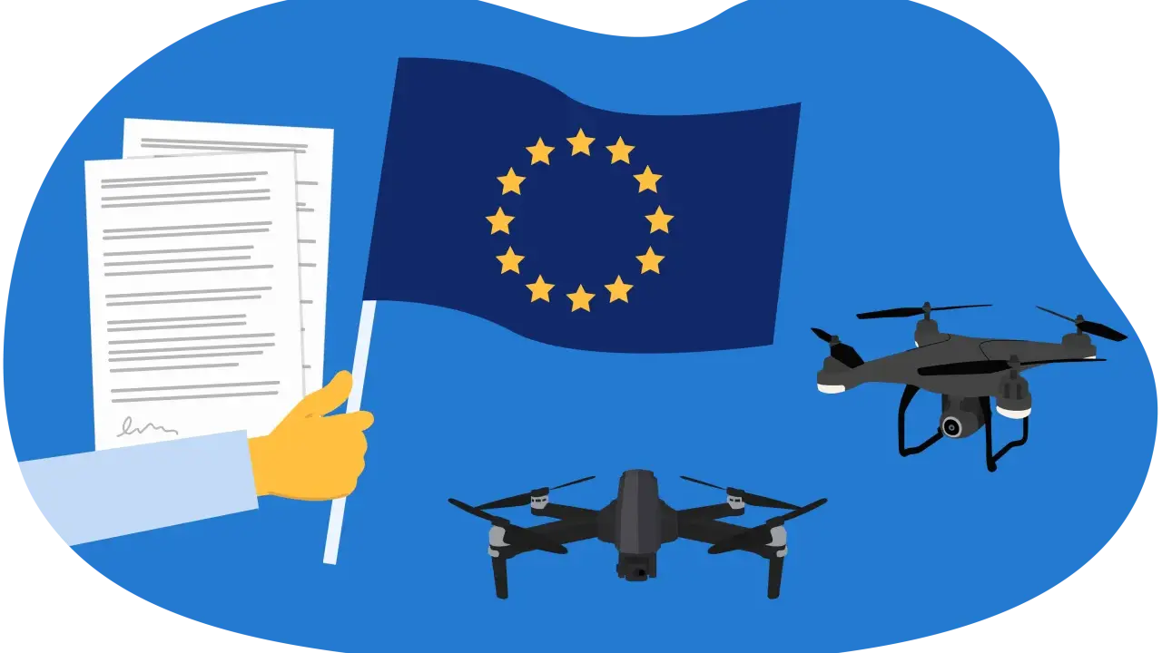 EU-Flagge, Dokumente und zwei Drohnen. Die EU-Drohnenverordnung erfordert eine Erlaubnis.