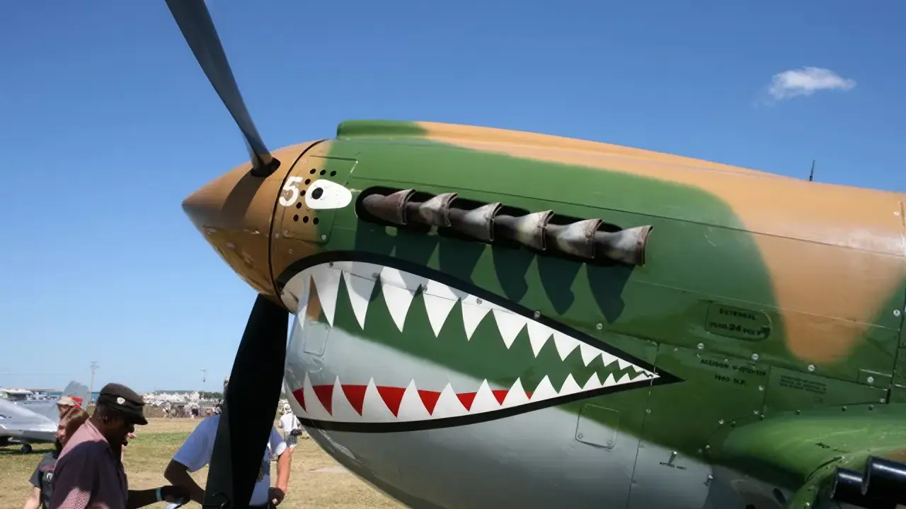 P 40 mit Haifischmaul-Bemalung und Propeller vor blauem Himmel.