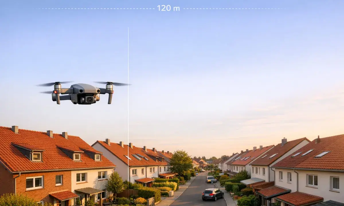 Eine Drohne fliegt über ein ruhiges Wohngebiet. Sie schwebt in 120 m Höhe über den roten Dächern und gepflegten Gärten.
