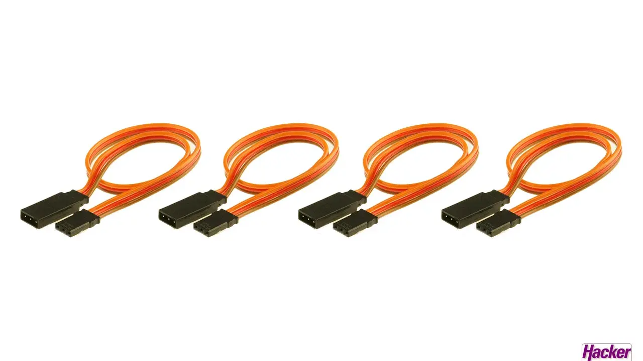 Vier orangefarbene servo verlängerungskabel mit schwarzen Steckern, ideal für Modellbauprojekte.