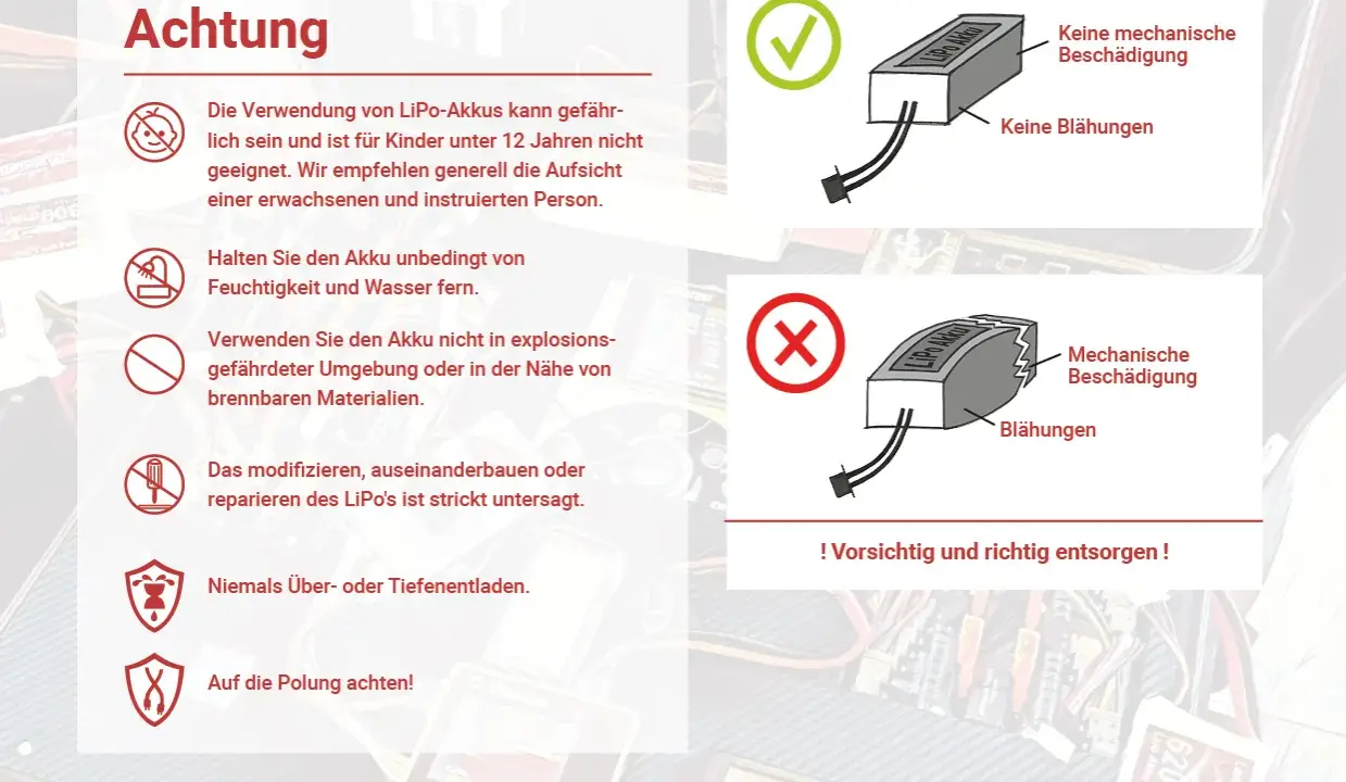 Warnhinweise zu LiPo-Akkus: keine mechanische Beschädigung, keine Blähungen, vor Feuchtigkeit schützen. Vorsicht bei kokam!