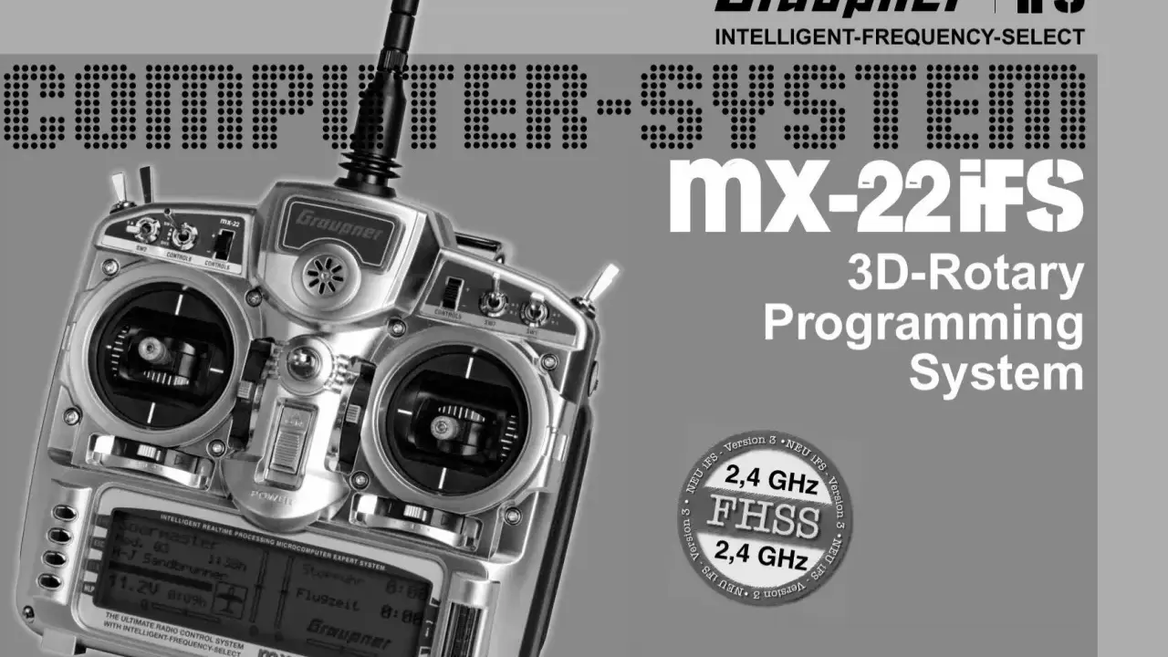 Graupner MX-22iFS 2,4GHz Fernsteuerung mit 3D-Rotary Programming System. Der Futaba Stecker ist hier nicht zu sehen, aber das Handbuch ist für das System.