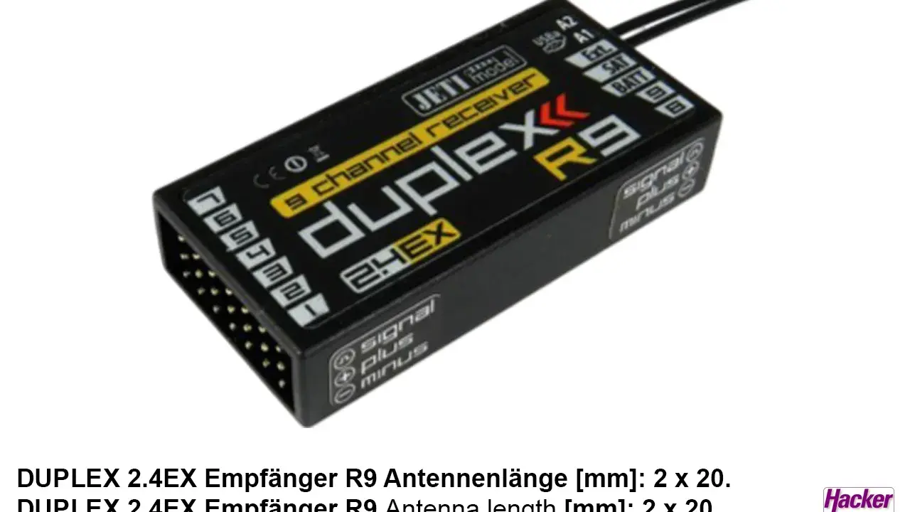 Jeti Duplex R9 9-Kanal Empfänger mit 2.4EX Technologie. Kompakt und leistungsstark für Modellbauer.