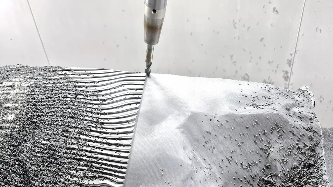 CNC-Fräser bearbeitet eine **Aluminiumstange**, die in Wellen und Rillen geformt wird. Späne bedecken die Oberfläche.