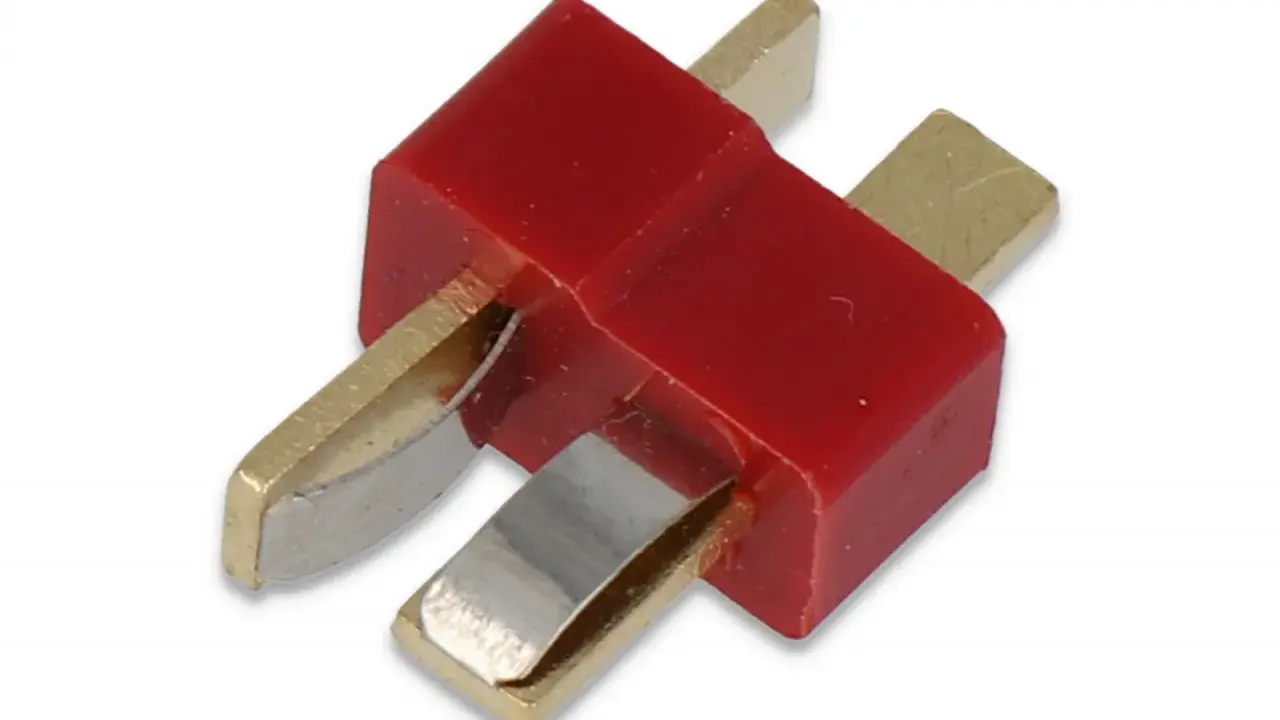 Roter Dean Stecker mit zwei goldenen Kontakten, ideal für Modellbau-Akkus.
