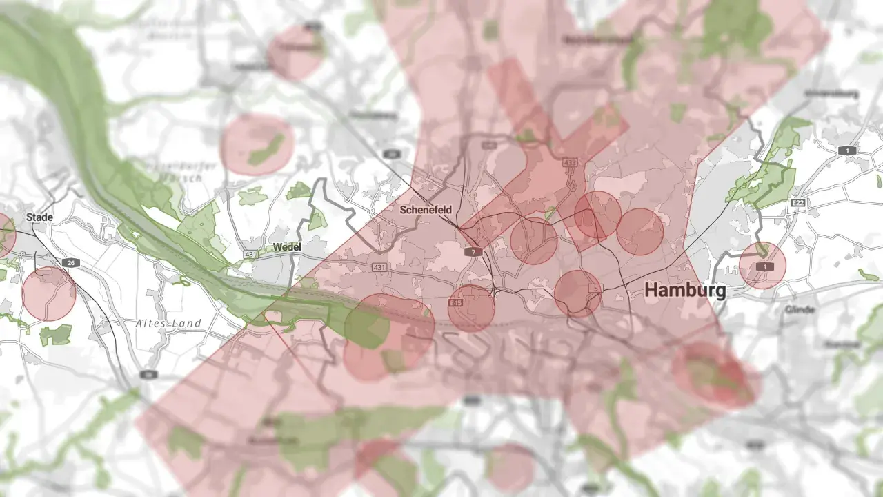 Karte von Hamburg und Umgebung mit roten Kreisen und Kreuzen, die Gebiete markieren. Ich darf mit meinem UAS hier fliegen.