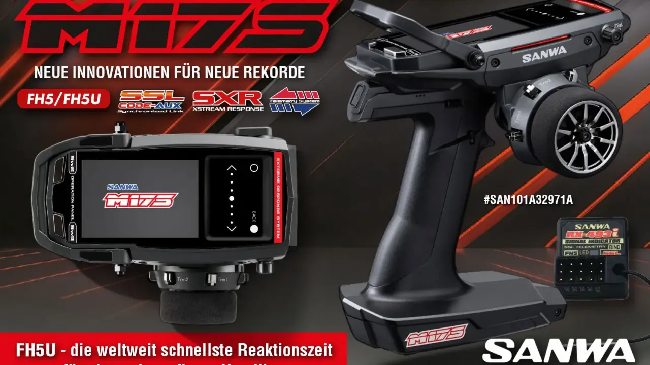 Sanwa M17 Fernsteuerung mit Display und RX-493i Empfänger. Neue Innovationen für neue Rekorde und schnellste Reaktionszeit.