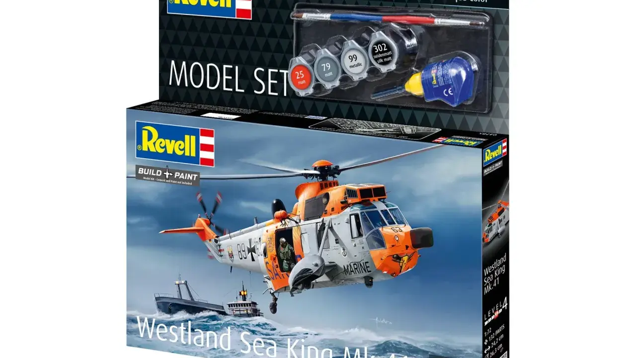 Revell Modellbausatz "Westland Sea King Mk.41" mit Hubschrauber im Einsatz über dem Meer. Enthält Farben und Pinsel.