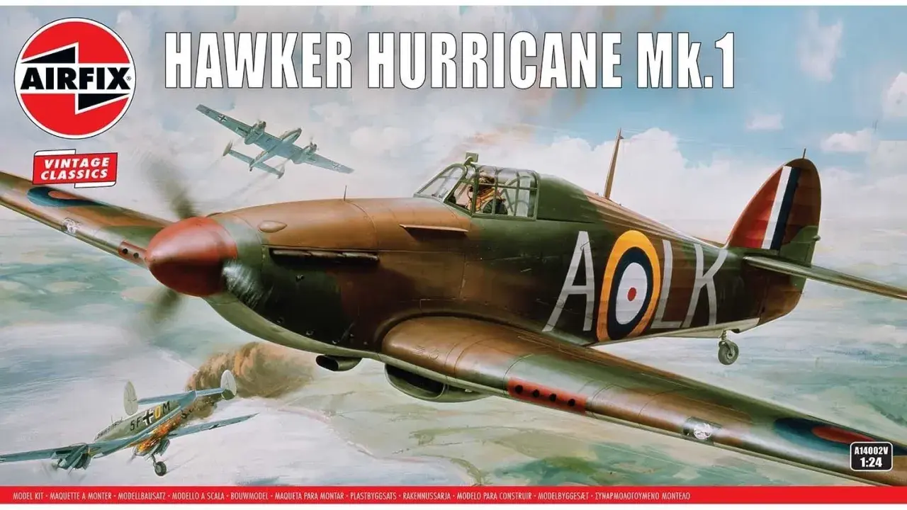 Airfix-Modellbausatz: Hawker Hurricane Mk.1 im Flug, ein ikonisches Jagdflugzeug, das im Kampf gegen feindliche Flugzeuge eingesetzt wird.