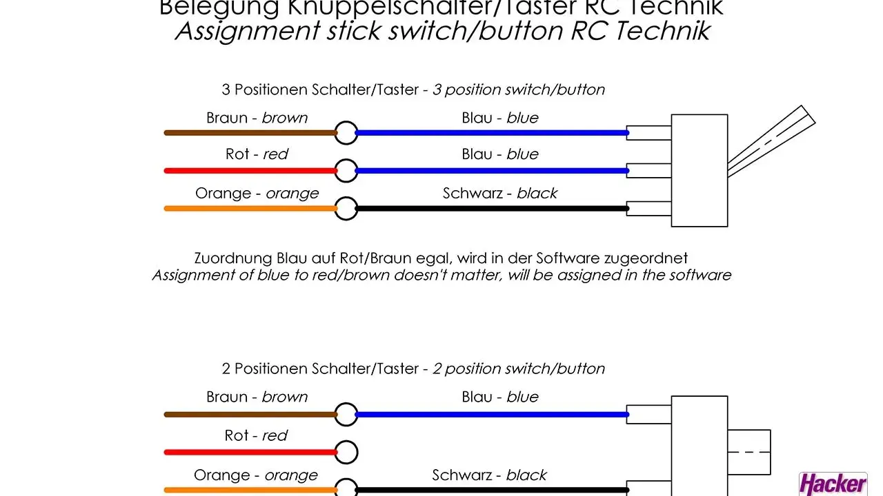 Schaltplan für RC-Technik: Belegung von 3- und 2-Positionen-Schaltern/Tastern mit Kabeln in Braun, Rot, Orange und Schwarz. Die schalterkappen sind hier nicht abgebildet.