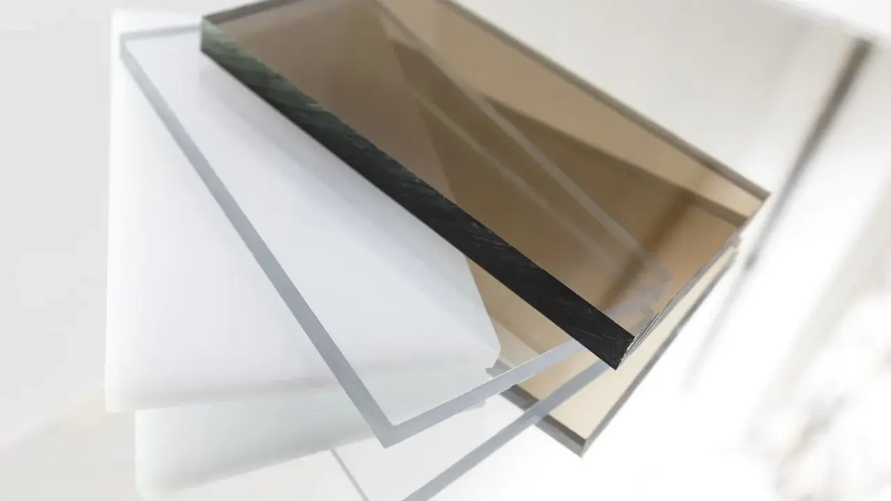 Stapel von transparenten und braunen Polycarbonatplatten. Die Kanten zeigen die Dicke und die Möglichkeit, Polycarbonat zu lackieren.