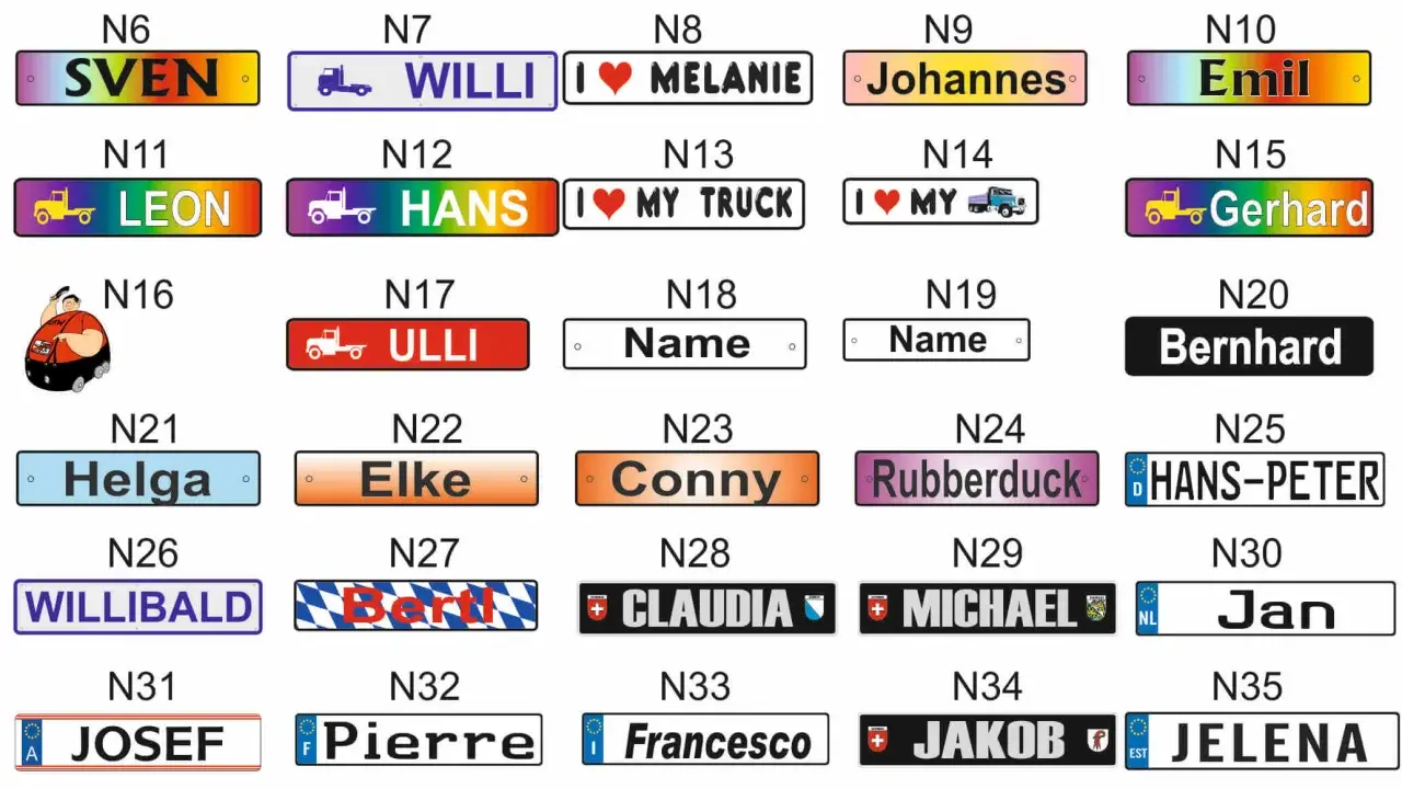 Personalisierte Nummernschilder mit Namen wie Ralf, Karl, Udo, Emil, Josef, Jan und vielen anderen. Ideal als custom decals für Fahrzeuge.