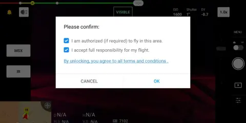 Bestätigung zum dji geo zone freischalten: autorisiert, Verantwortung übernehmen. Durch Freischalten stimmst du den Bedingungen zu.