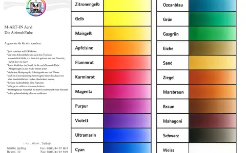 Farbpalette M-ART-IN Acryl: Zitronengelb bis Cyan, Ozeanblau bis Weiß. Hochwertige airbrush acrylfarbe für Künstler.