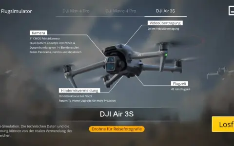 DJI Flugsimulator mit DJI Air 3S, Kamera- und Flugzeitdetails. Üben Sie mit der dji virtual flight app.