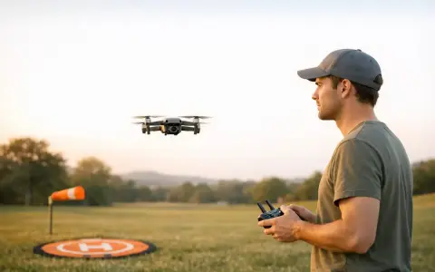 Mann steuert eine Drohne, die über ein Feld in den USA fliegt. Ein Landeplatz und eine Windfahne sind sichtbar.