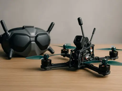 FPV-Drohne und Brille auf Holztisch. Der **Drohnen Controller** ist bereit für den Flug.