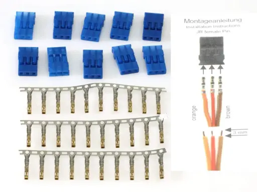 Blaue Stecker und Anschlussklemmen für Servokabel. Montageanleitung zeigt JR female Pin mit orangefarbenen und braunen Kabeln.