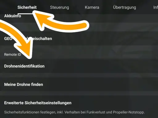 Sicherheitseinstellungen: Akkuinfo, GEO, Remote ID, Drohnenidentifikation. Hier wird die drohne id konfiguriert.