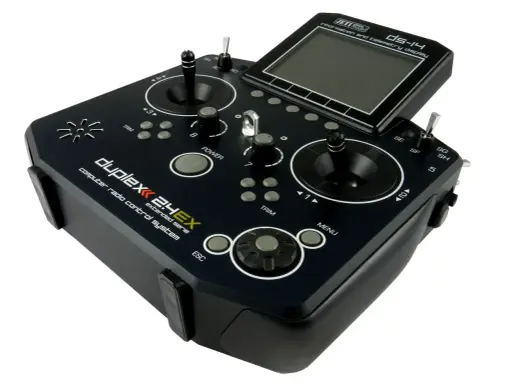 Jeti RC Computer Radio Control System, Modell DS-14, Duplex 2.4EX, mit Telemetriedisplay und Joysticks.