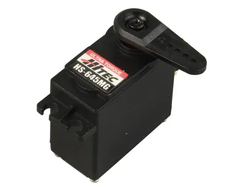 Schwarzes Servomotor-Gehäuse mit rotem Aufkleber "ULTRA TORQUE Hitec HS-645MG" und einem schwarzen Servoarm.