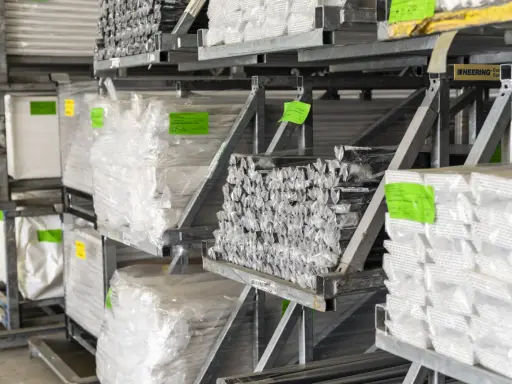 Regale voller t-profil kunststoff schwarz, verpackt in Folie.