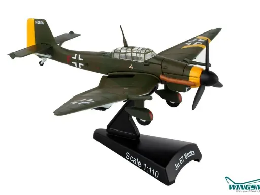 Modellflugzeug Ju 87 Stuka im Maßstab 1:110, dunkelgrün mit gelben Markierungen und Kreuzen.