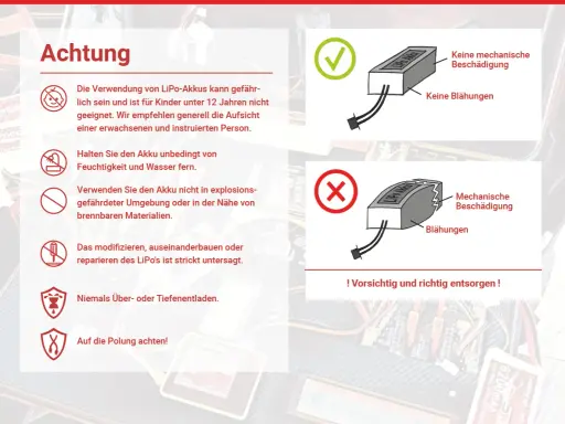 Warnhinweise zu LiPo-Akkus: keine mechanische Beschädigung, keine Blähungen, vor Feuchtigkeit schützen. Vorsicht bei kokam!