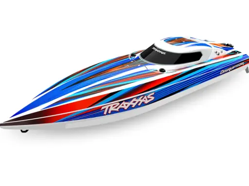 Ein schnelles RC-Boot mit dynamischem Streifenmuster in Blau, Rot und Orange. Dieses Modell ist Teil der Traxxas Bootsmodelle.