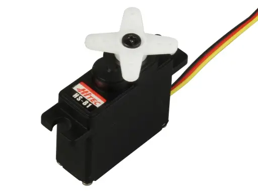 Kleiner schwarzer Servomotor Hitec HS-81 mit weißem Propeller und Kabeln.