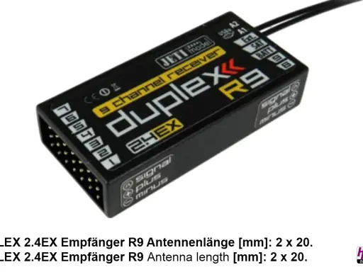 Jeti Duplex R9 9-Kanal Empfänger mit 2.4EX Technologie. Kompakt und leistungsstark für Modellbauer.