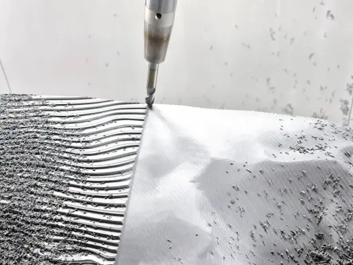 CNC-Fräser bearbeitet eine **Aluminiumstange**, die in Wellen und Rillen geformt wird. Späne bedecken die Oberfläche.