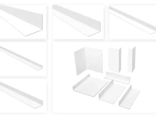 Verschiedene weiße Kunststoffwinkel in unterschiedlichen Größen und Formen, ideal für Ecken und Kanten.