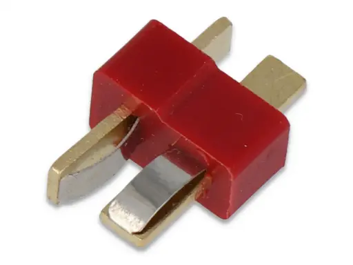 Roter Dean Stecker mit zwei goldenen Kontakten, ideal für Modellbau-Akkus.