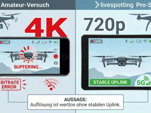 Vergleich: Amateur-Drohne mit 4K-Auflösung und Pufferung vs. Pro-Setup mit 720p und stabilem Uplink. Die dji reichweite ist entscheidend.