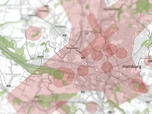 Karte von Hamburg und Umgebung mit roten Kreisen und Kreuzen, die Gebiete markieren. Ich darf mit meinem UAS hier fliegen.
