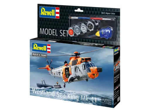 Revell Modellbausatz "Westland Sea King Mk.41" mit Hubschrauber im Einsatz über dem Meer. Enthält Farben und Pinsel.