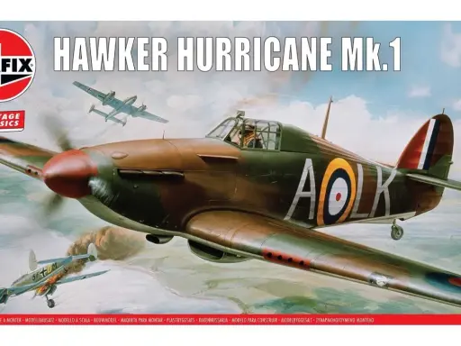 Airfix-Modellbausatz: Hawker Hurricane Mk.1 im Flug, ein ikonisches Jagdflugzeug, das im Kampf gegen feindliche Flugzeuge eingesetzt wird.