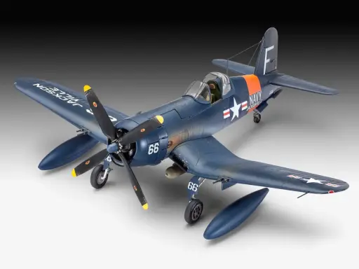Ein detailliertes Modell eines dunkelblauen F4U-4 Corsair Flugzeugs mit der Aufschrift "JACKSONVILLE NAVY" und der Nummer 66.