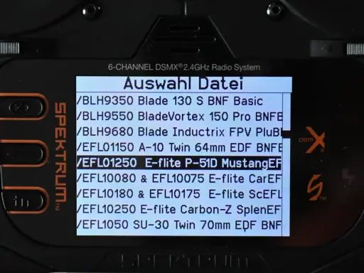 Spektrum TX One: Auswahl Datei zeigt Modelle wie E-flite P-51D Mustang.