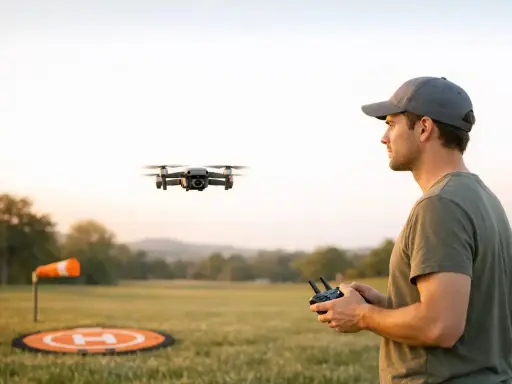 Mann steuert eine Drohne, die über ein Feld in den USA fliegt. Ein Landeplatz und eine Windfahne sind sichtbar.