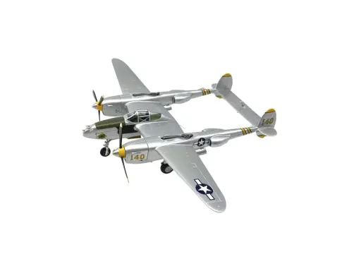 Silbernes P-38 Lightning RC-Modellflugzeug mit gelben Propellern und Markierungen.