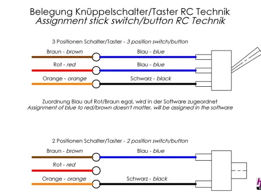 Schaltplan für RC-Technik: Belegung von 3- und 2-Positionen-Schaltern/Tastern mit Kabeln in Braun, Rot, Orange und Schwarz. Die schalterkappen sind hier nicht abgebildet.