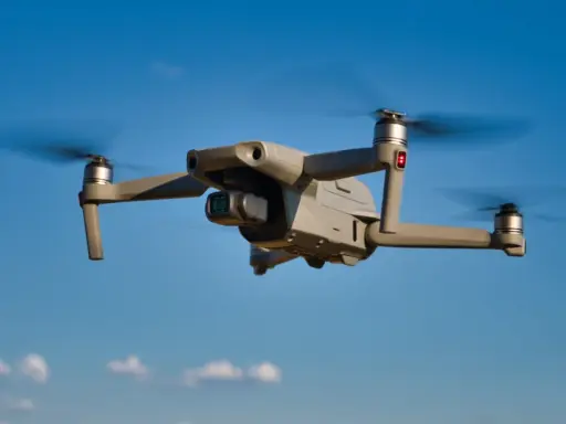 Grauer DJI Mavic Air 2 Drohne fliegt im blauen Himmel. Mit Drohnen Versicherung sind Sie sicher unterwegs.