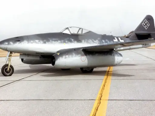 Ein deutscher Jet, die Messerschmitt Me 262, steht auf einem Rollfeld.